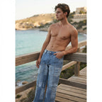 boohooMAN Light Blue Patchwork Distressed Straight Leg Denim
