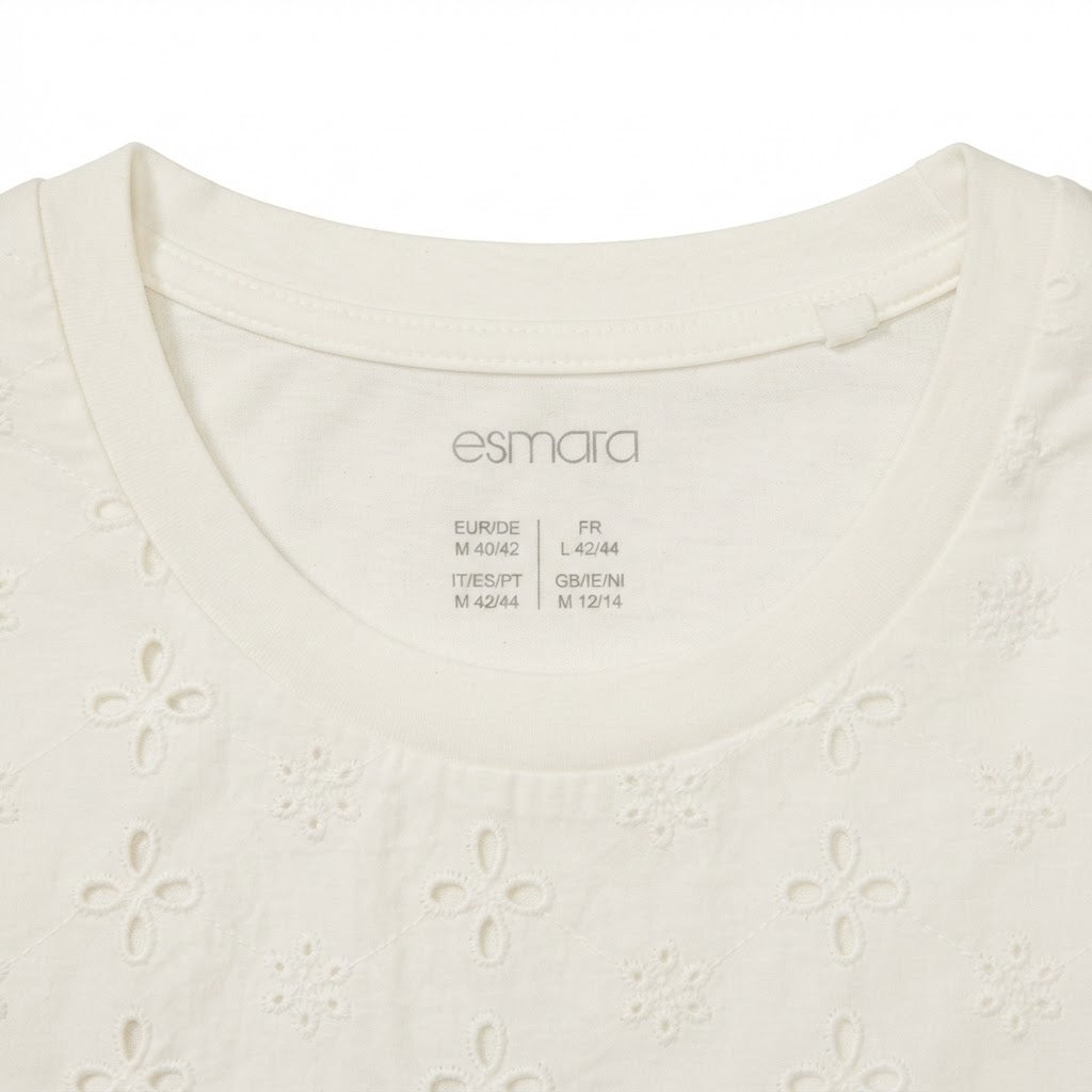 esmara Women's White Broderie Anglaise Yoke Cotton T-Shirt