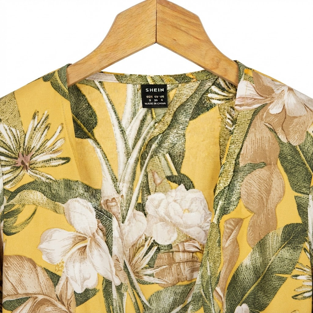 SHEIN Women's Yellow Tropical Floral Long Robe Kimono Abaya