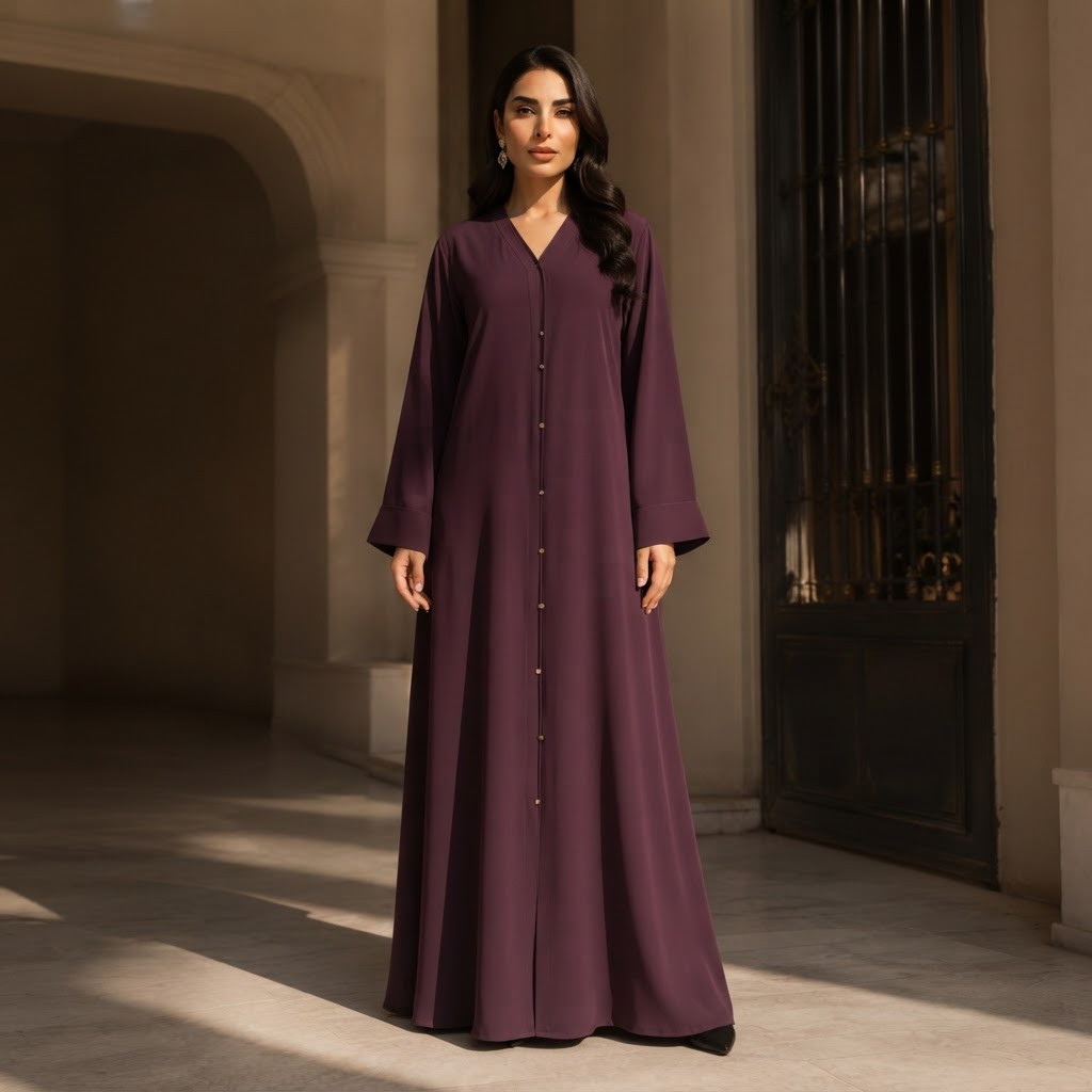 guess Deep Plum A-Line Abaya with Gold Fastening Details