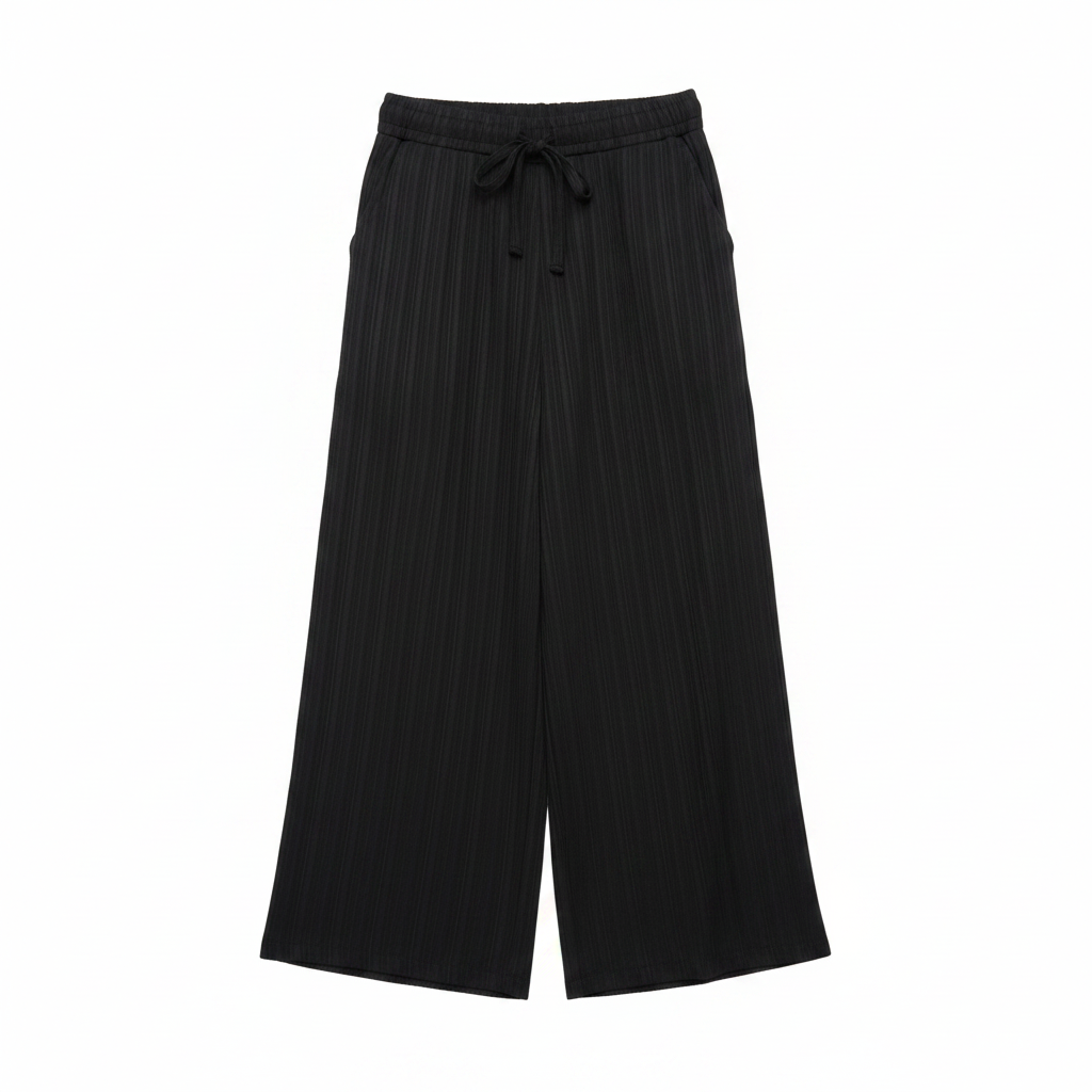 Women's Black Plissé Wide-Leg Pleated Culottes