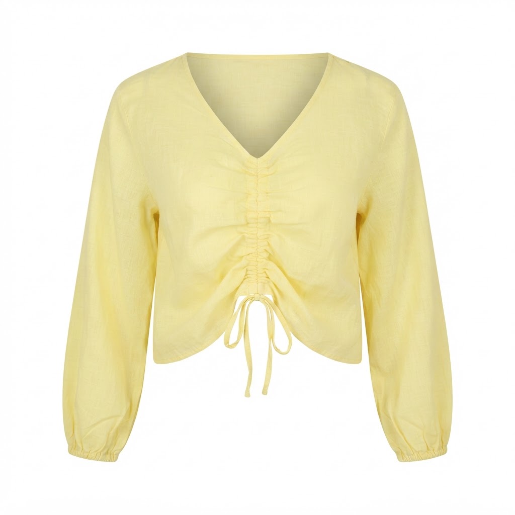 Women's Yellow Linen V-Neck Ruched Blouse