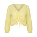Women's Yellow Linen V-Neck Ruched Blouse