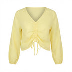 Women's Yellow Linen V-Neck Ruched Blouse