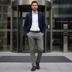 Men's Grey Textured Slim Fit Wool Blend Trousers