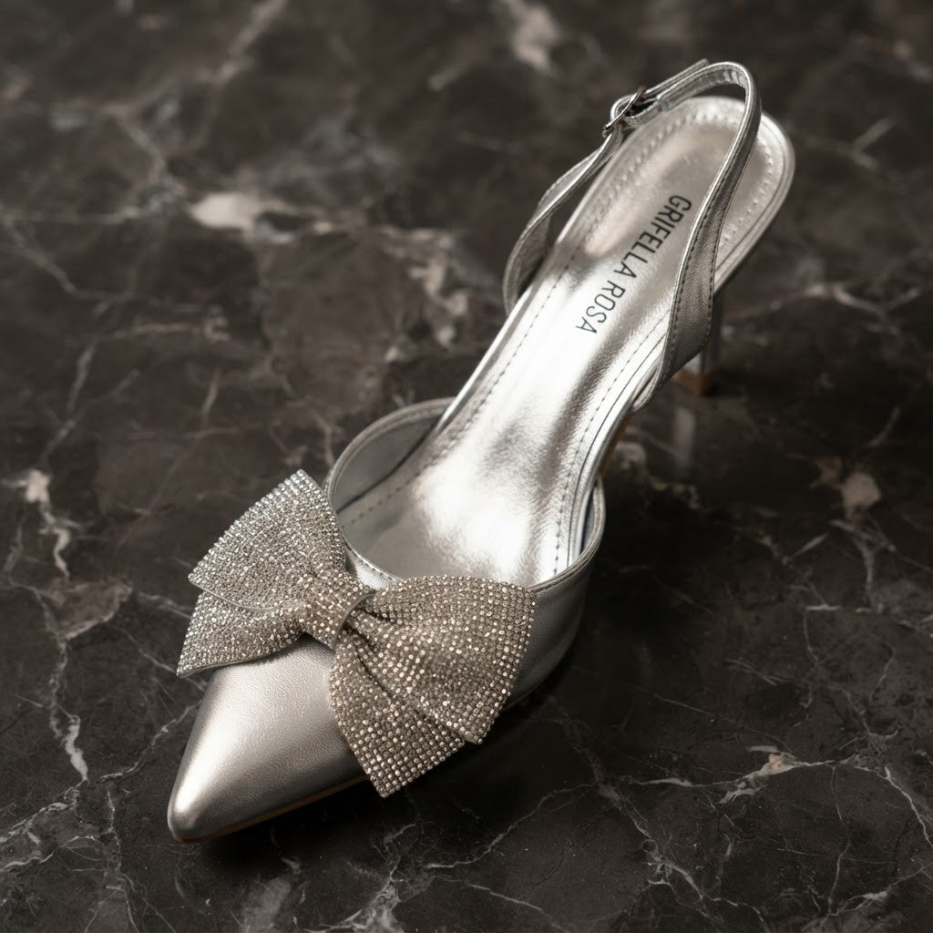Silver Metallic Crystal Bow Slingback Heels