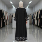 gant Black Embroidered Floral Lace-Trim Floor-Length Abaya
