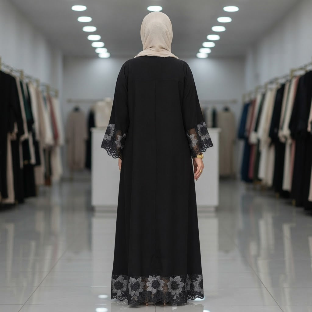 gant Black Embroidered Floral Lace-Trim Floor-Length Abaya