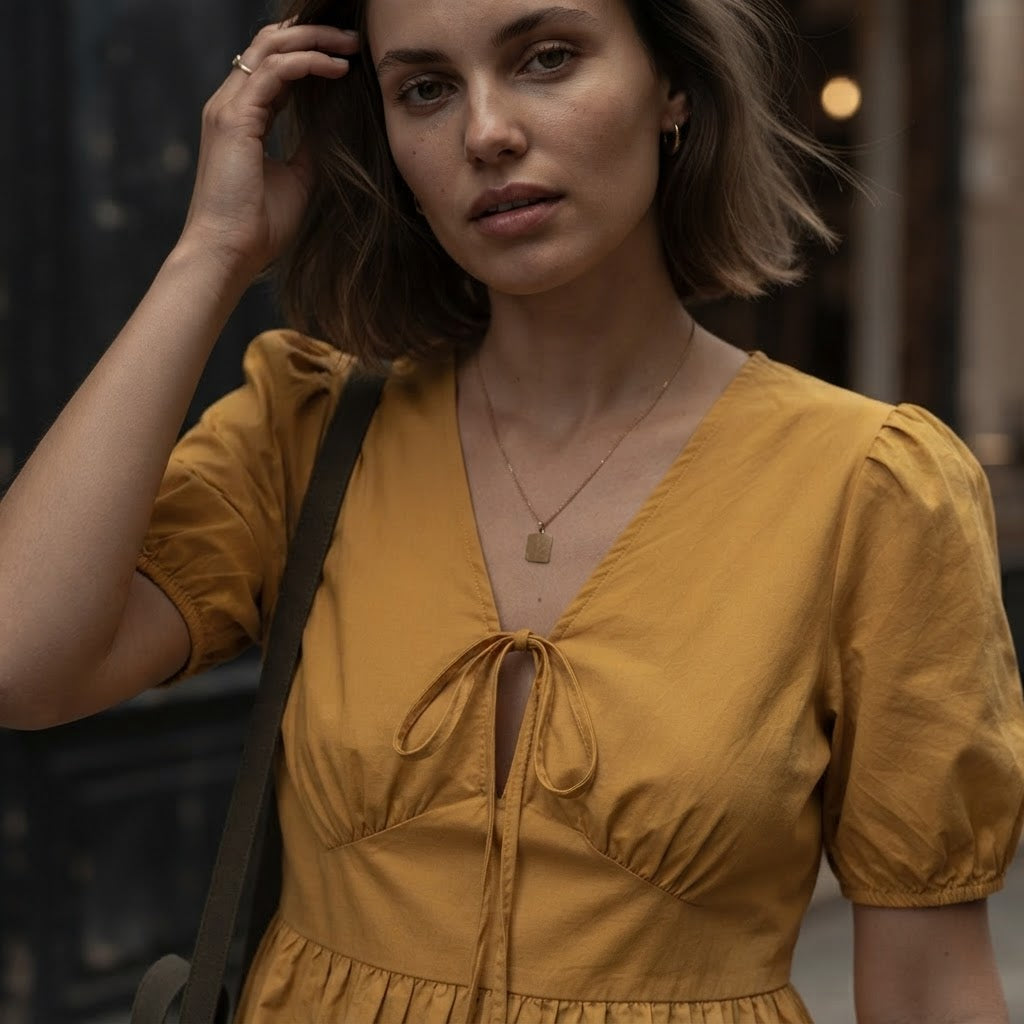 SHEIN Mustard Yellow Lace-Up Mini Baby-Doll Dress