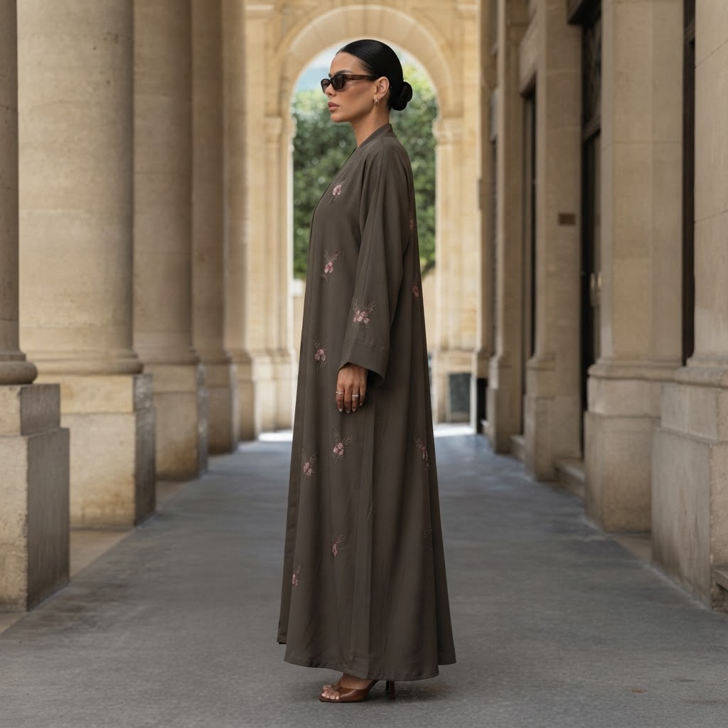 represent Olive Brown Embroidered Open-Front Abaya with Wide