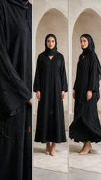 Elegant Black Beaded Polyester Abaya