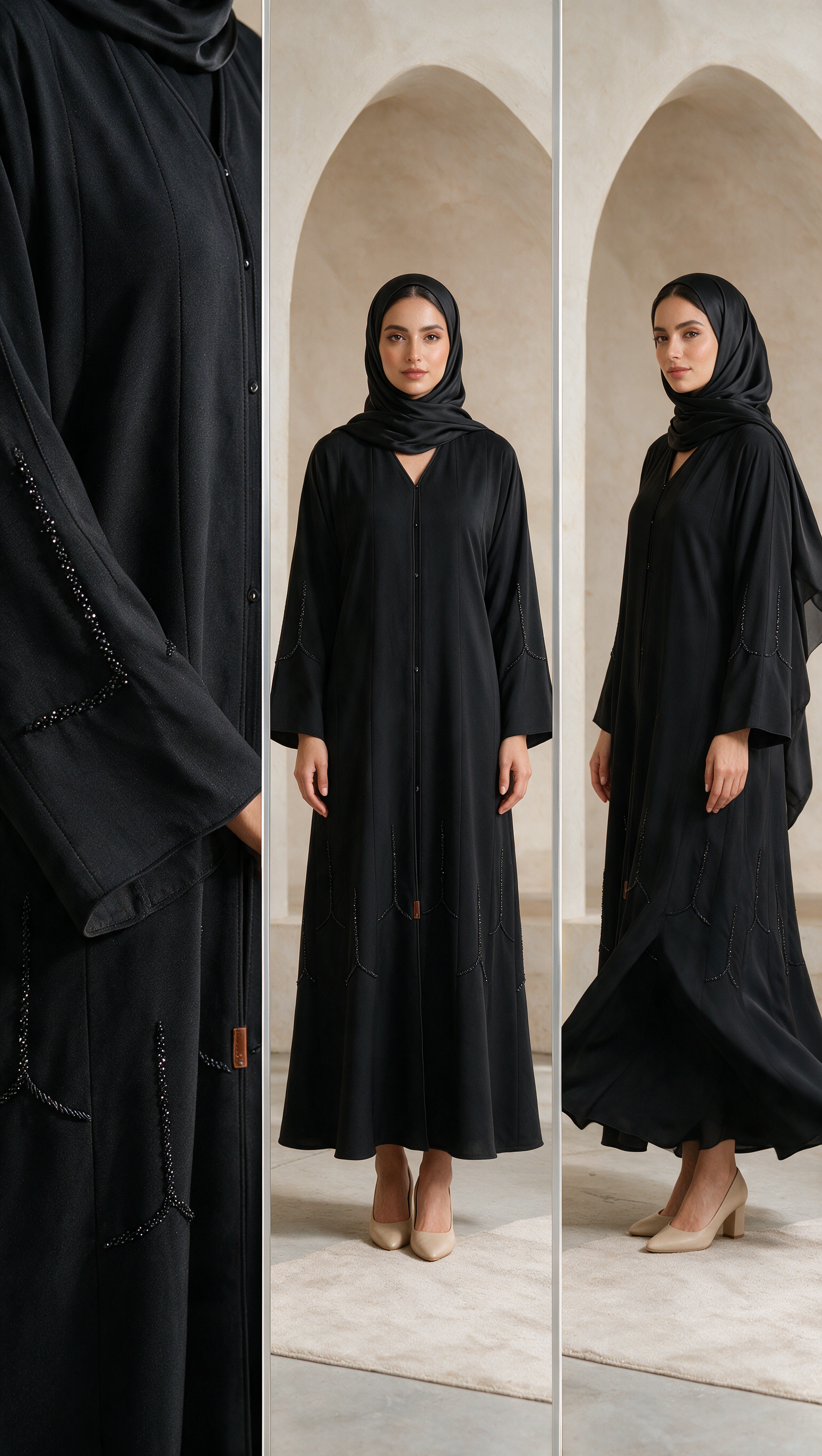 Elegant Black Beaded Polyester Abaya