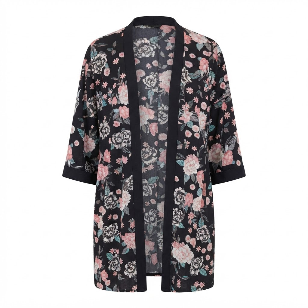 EVANS Women's Black Floral Longline Open-Front Kimono Abaya Jacket