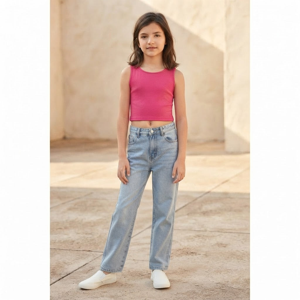 SHEIN Hot Pink Ribbed Sleeveless Crop Top for Girls