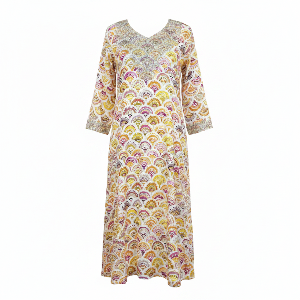 Women's Embellished Scallop Print Cotton Maxi Dress