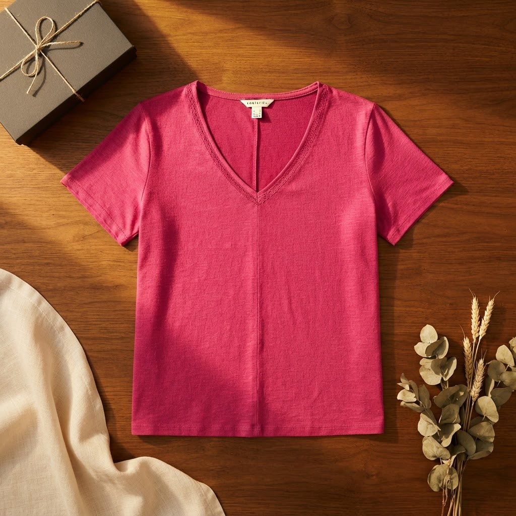 [WearU Generated:merch_flat_lay] Cortefiel Fuchsia Linen Blend Straight V-Neck Top – flat lay view