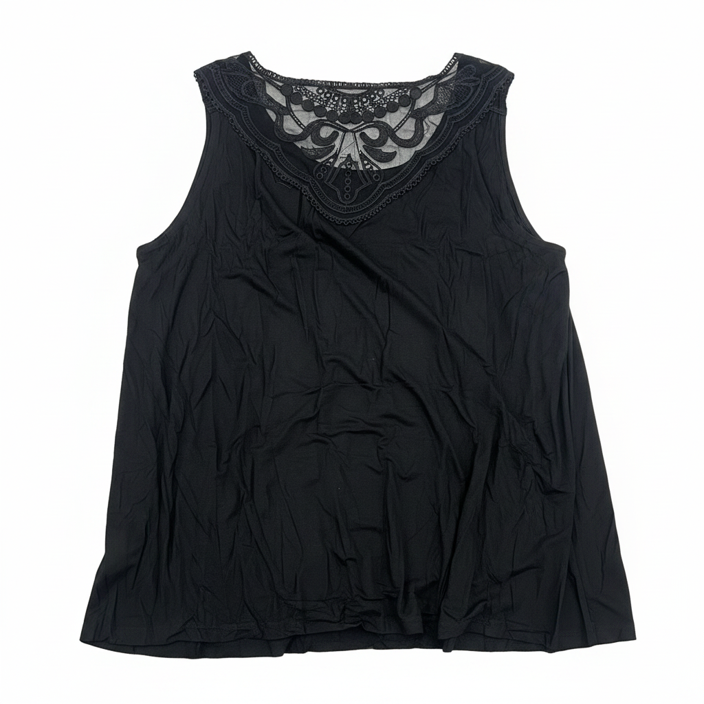 Women's Black Sleeveless Top with Embroidered Lace Yoke
