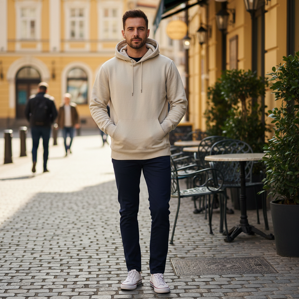 Men's Beige Pullover Hoodie Streetwear Sweatshirt
