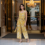 Women's Mustard Yellow Botanical Print Linen Jumpsuit