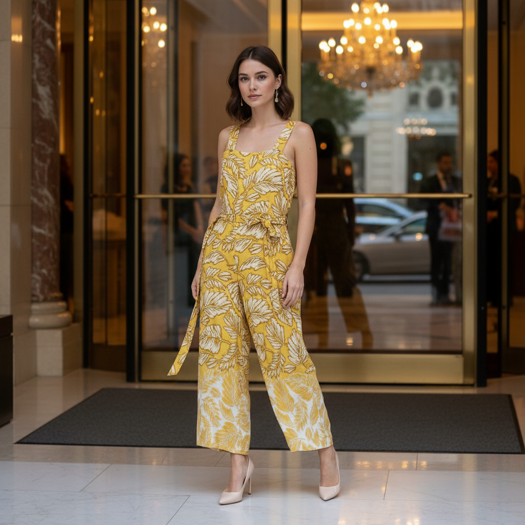 Women's Mustard Yellow Botanical Print Linen Jumpsuit