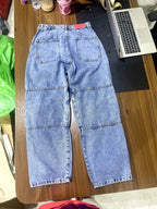 Rfâ Mid Blue Stonewash Skater Fit Wide Leg Panelled Jeans