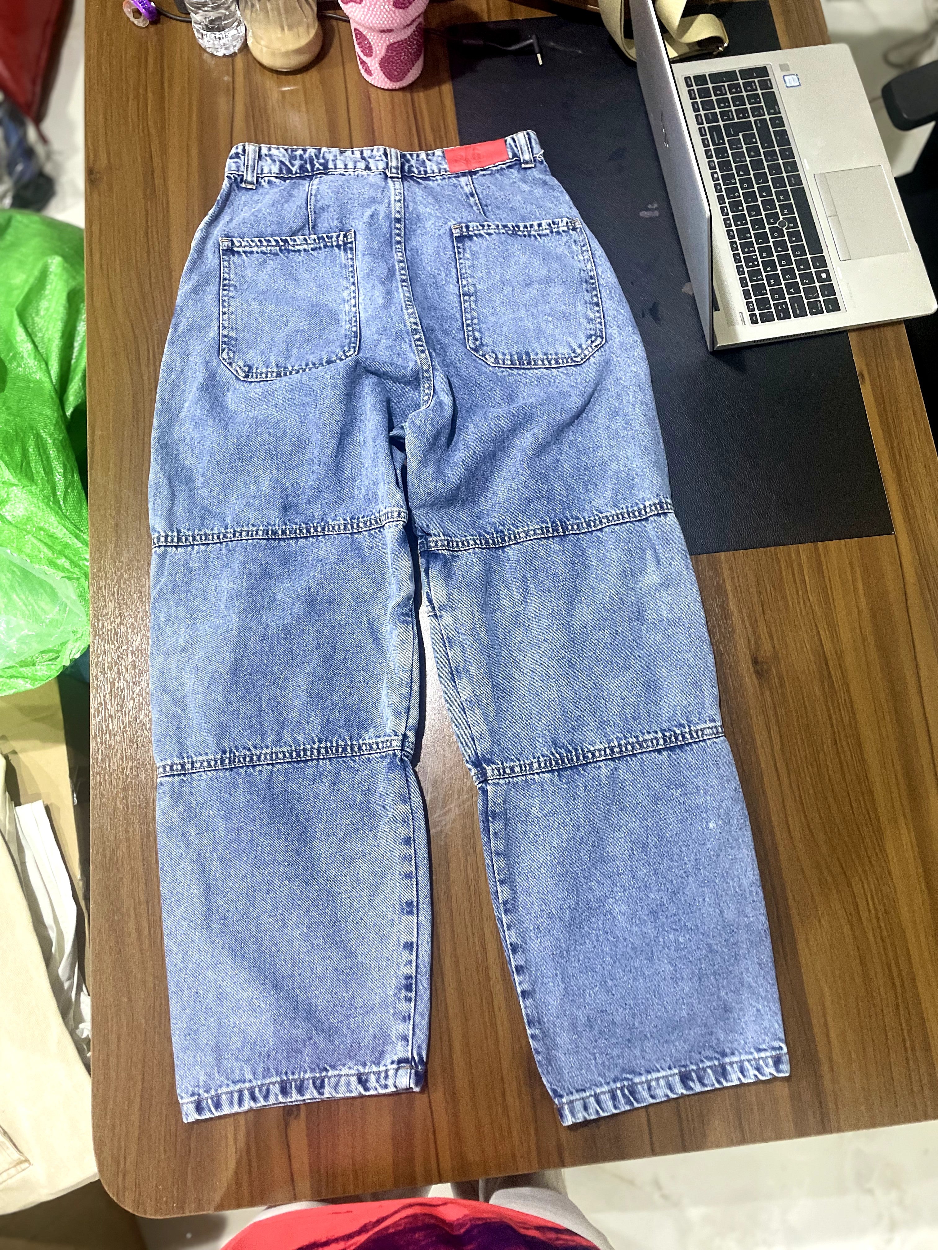 Rfâ Mid Blue Stonewash Skater Fit Wide Leg Panelled Jeans
