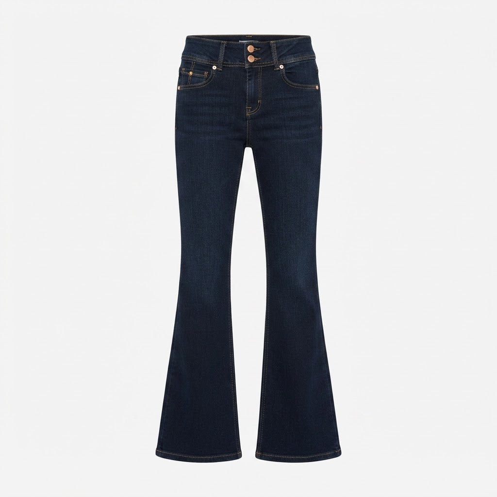 Bershka Dark Indigo Double-Button High-Rise Slim Flare Jeans