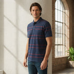 ANKO Navy Blue and Red Striped Men's Polo Shirt with Pocket