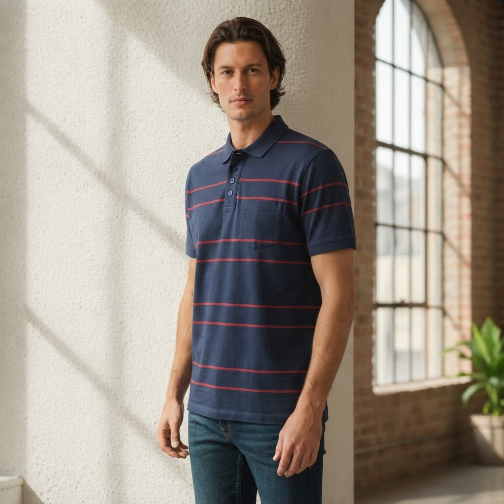 ANKO Navy Blue and Red Striped Men's Polo Shirt with Pocket
