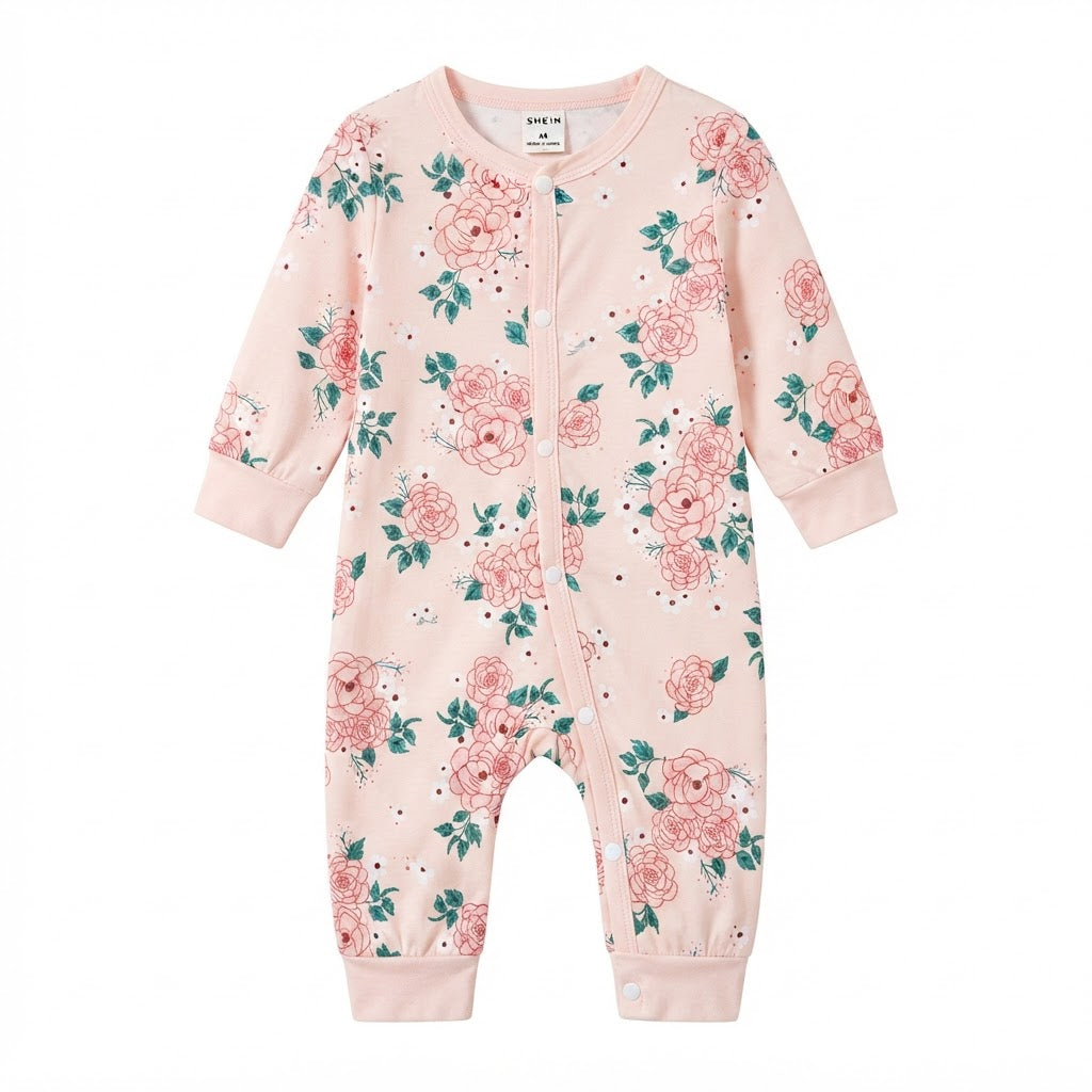 SHEIN Pale Blush Pink Floral Long-Sleeve Baby Romper