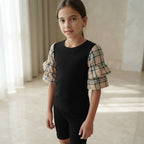 SHEIN SHEIN Navy Black Ribbed Top with Plaid Ruffle Sleeves
