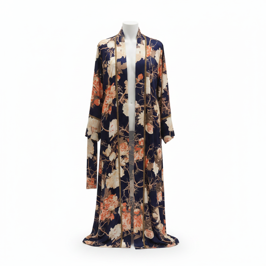 Navy Blue Floral Open Front Long Kimono Robe