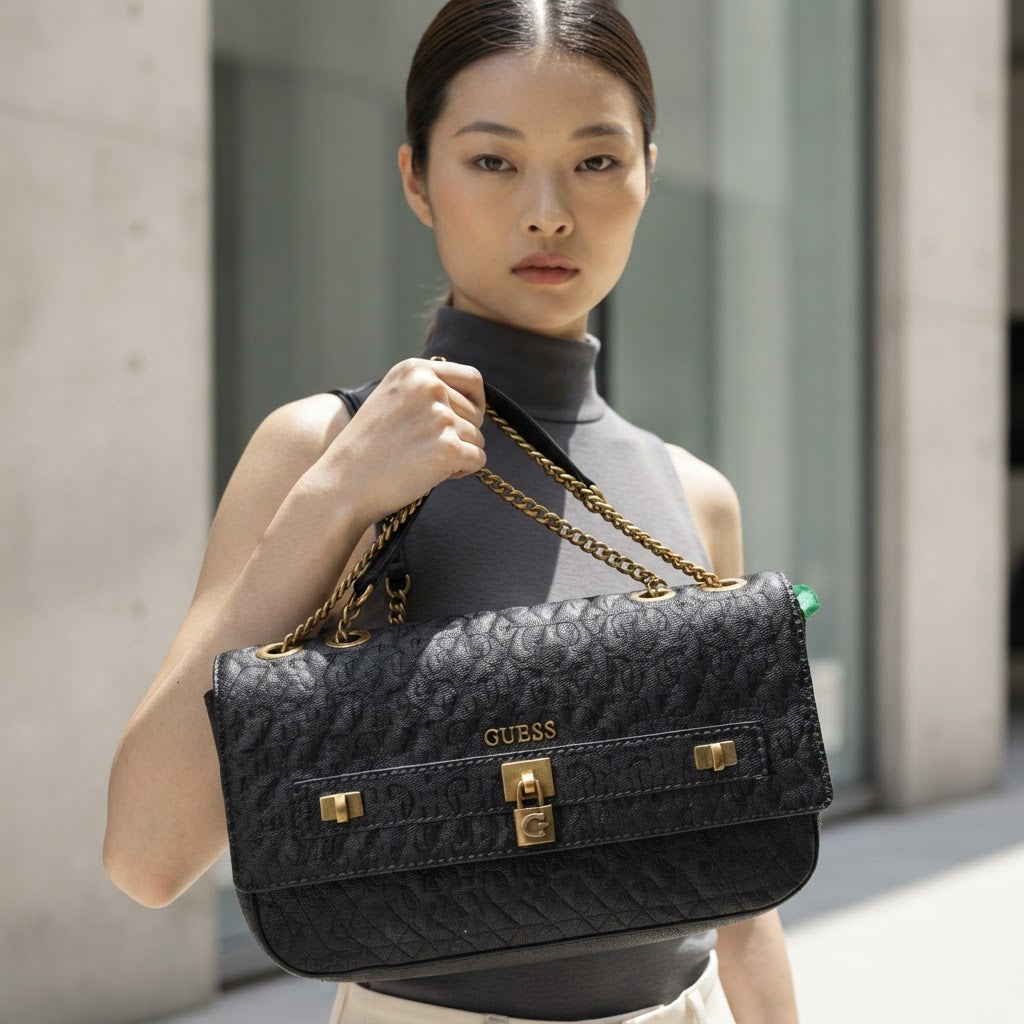 GUESS Guess Black Embossed Logo Flap Shoulder Bag
