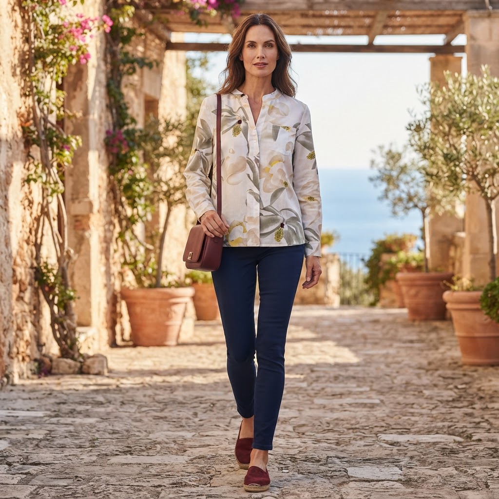 Women's Floral White Long Sleeve Mandarin Collar Shirt