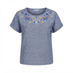 Women's Blue Embroidered Linen-Blend Short Sleeve Top