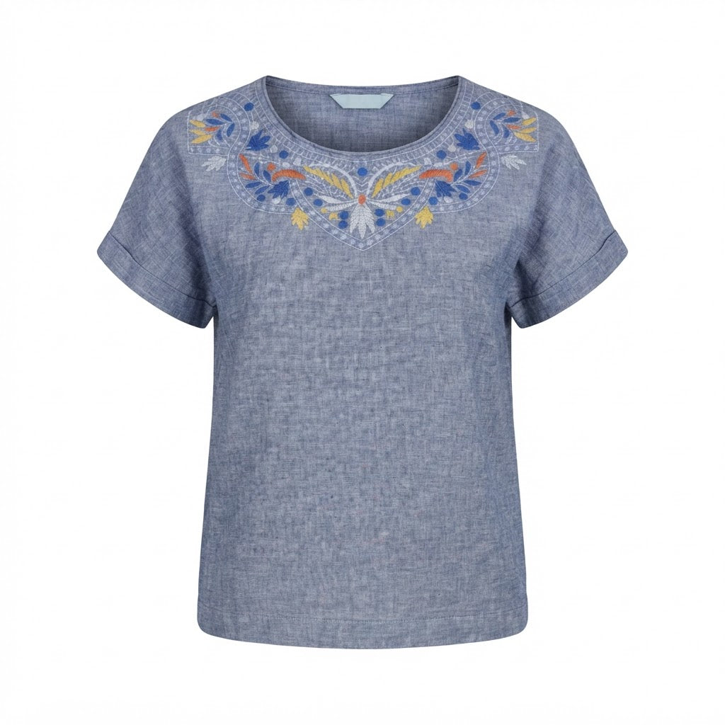 Women's Blue Embroidered Linen-Blend Short Sleeve Top