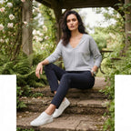 [WearU Generated:campaign_2] Grey Heathered Knit Jersey Boxy V-Neck Top – detail view