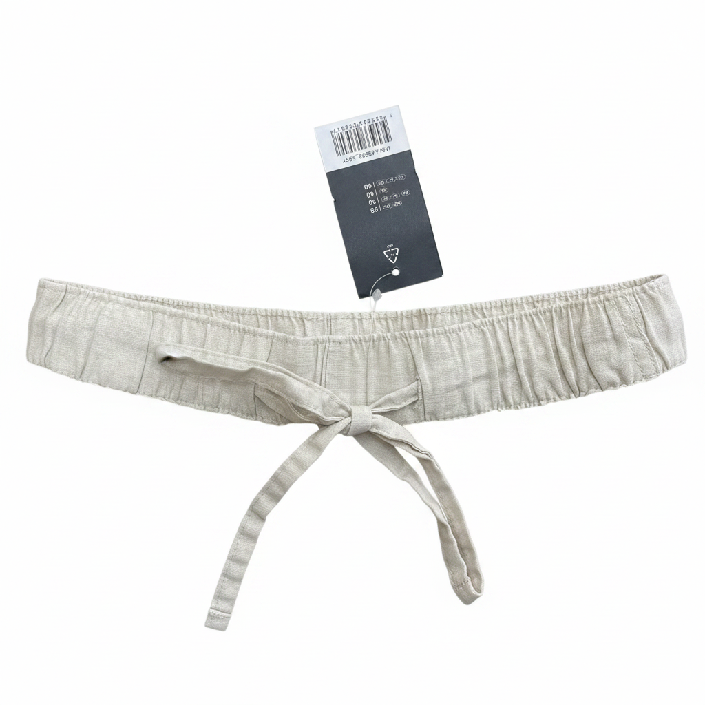 Women's Beige Linen Blend Straight Leg Drawstring Trousers
