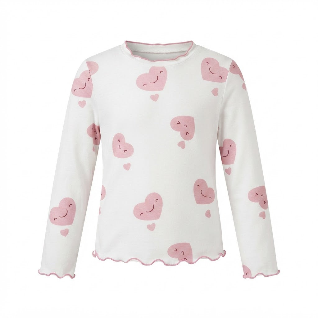 SHEIN White & Pink Heart Print Long-Sleeve Lettuce-Edge Top
