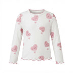 SHEIN White & Pink Heart Print Long-Sleeve Lettuce-Edge Top