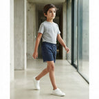 [WearU Generated:campaign_1] Navy Polyester Solid Wide-leg Shorts – side view