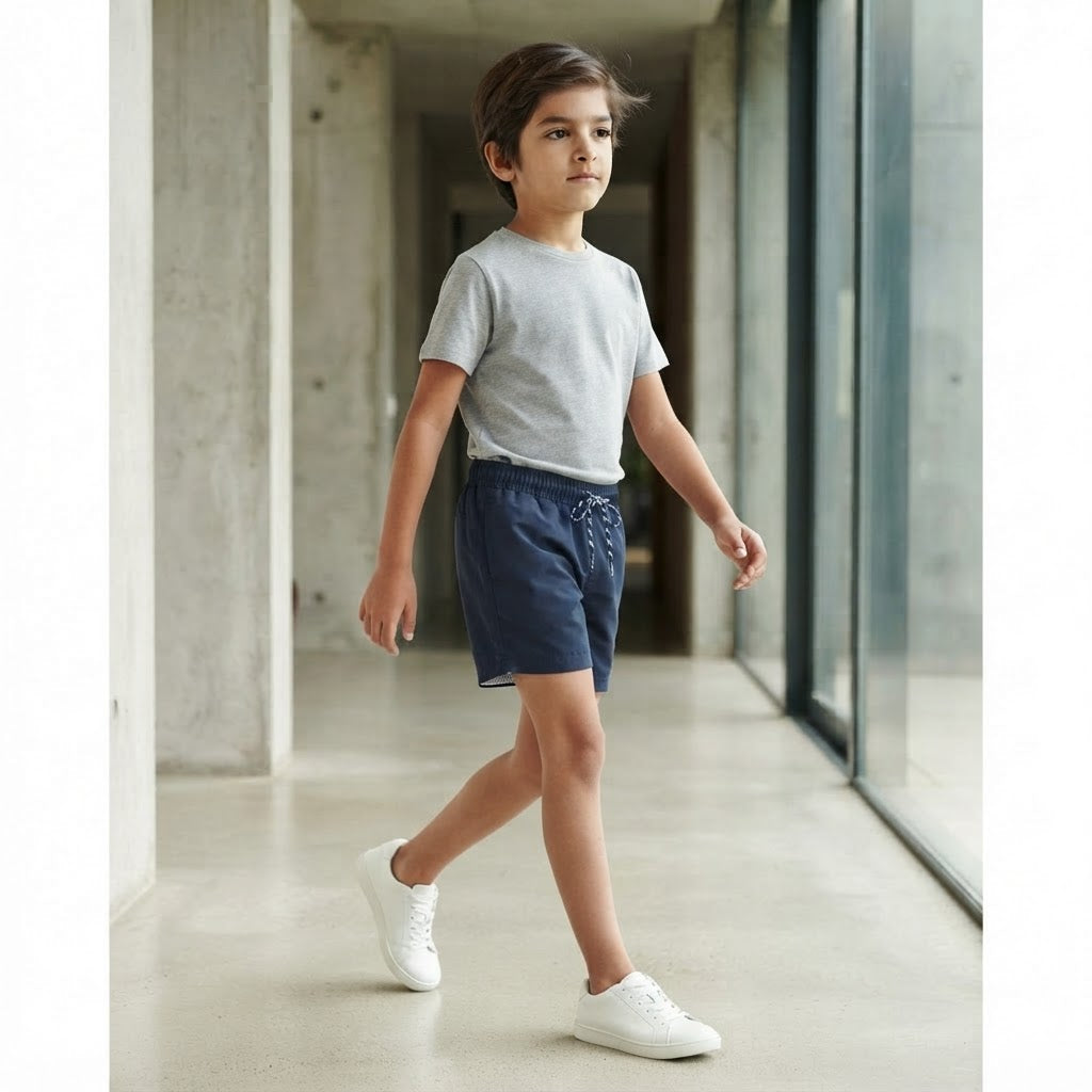 [WearU Generated:campaign_1] Navy Polyester Solid Wide-leg Shorts – side view