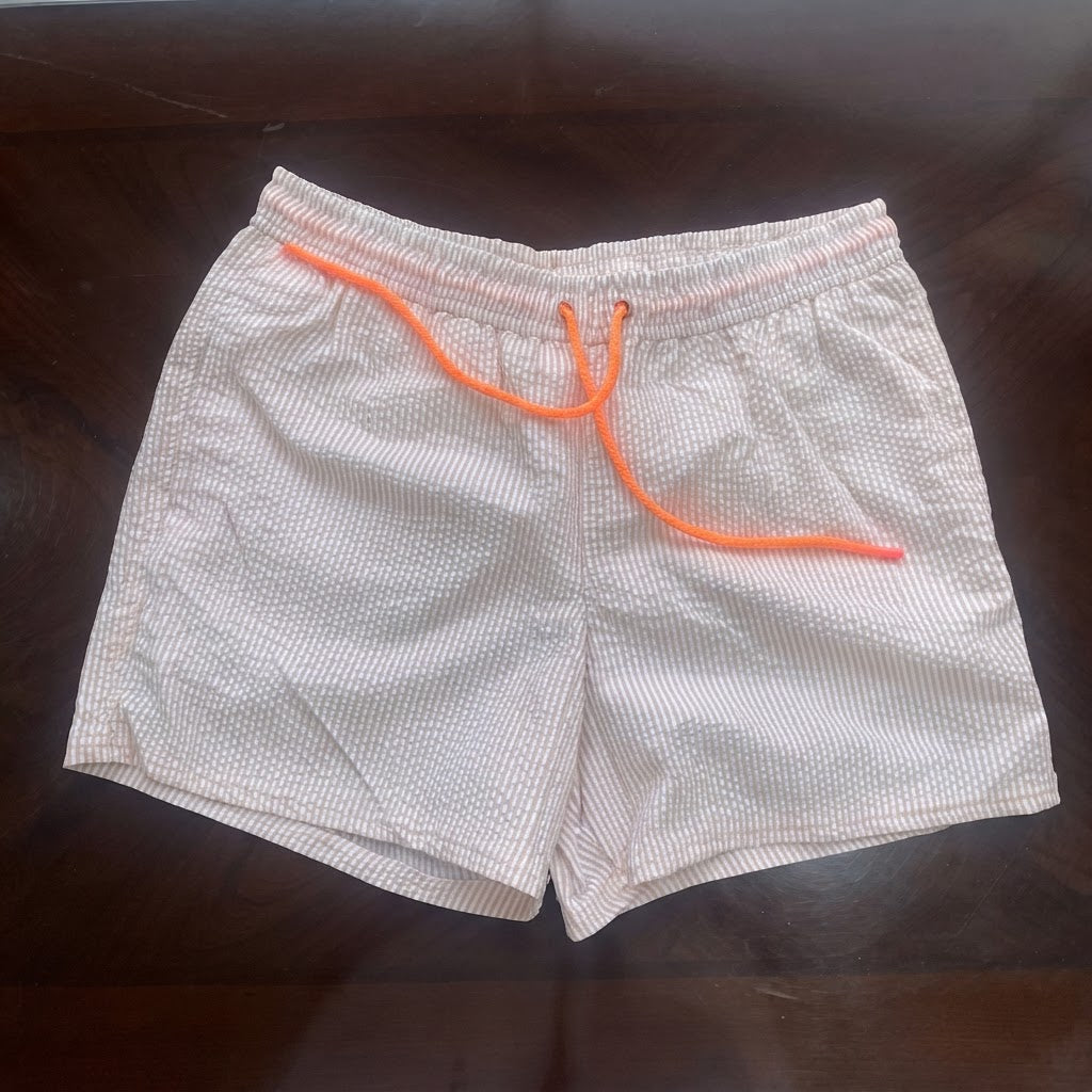 Men's Peach Seersucker Striped Shorts with Orange Drawstring