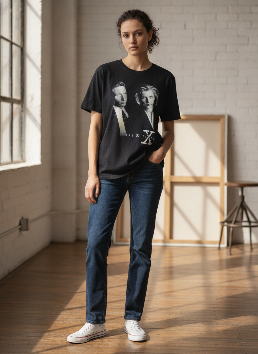 The X-Files Black Oversized Graphic Tee with Monochrome TV P