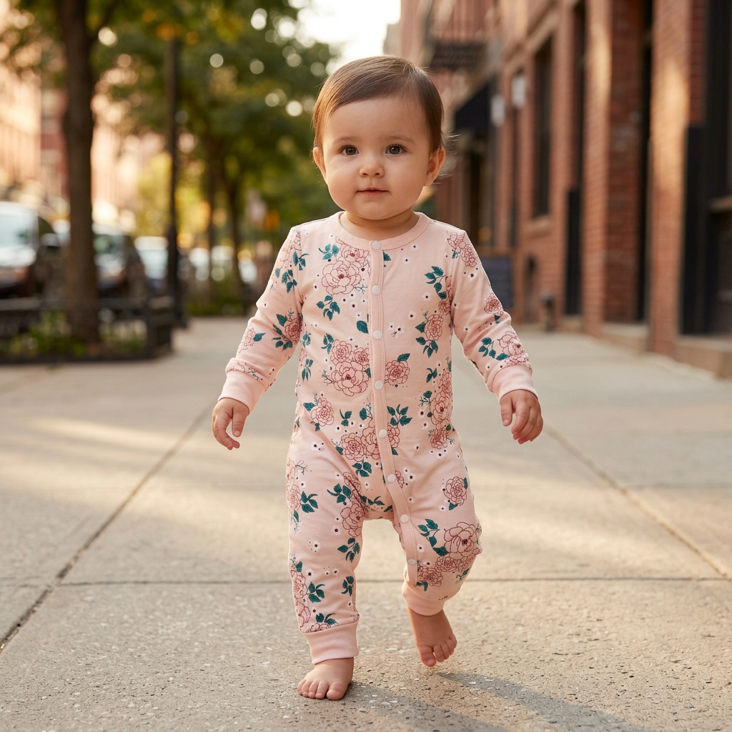 SHEIN Pale Blush Pink Floral Long-Sleeve Baby Romper