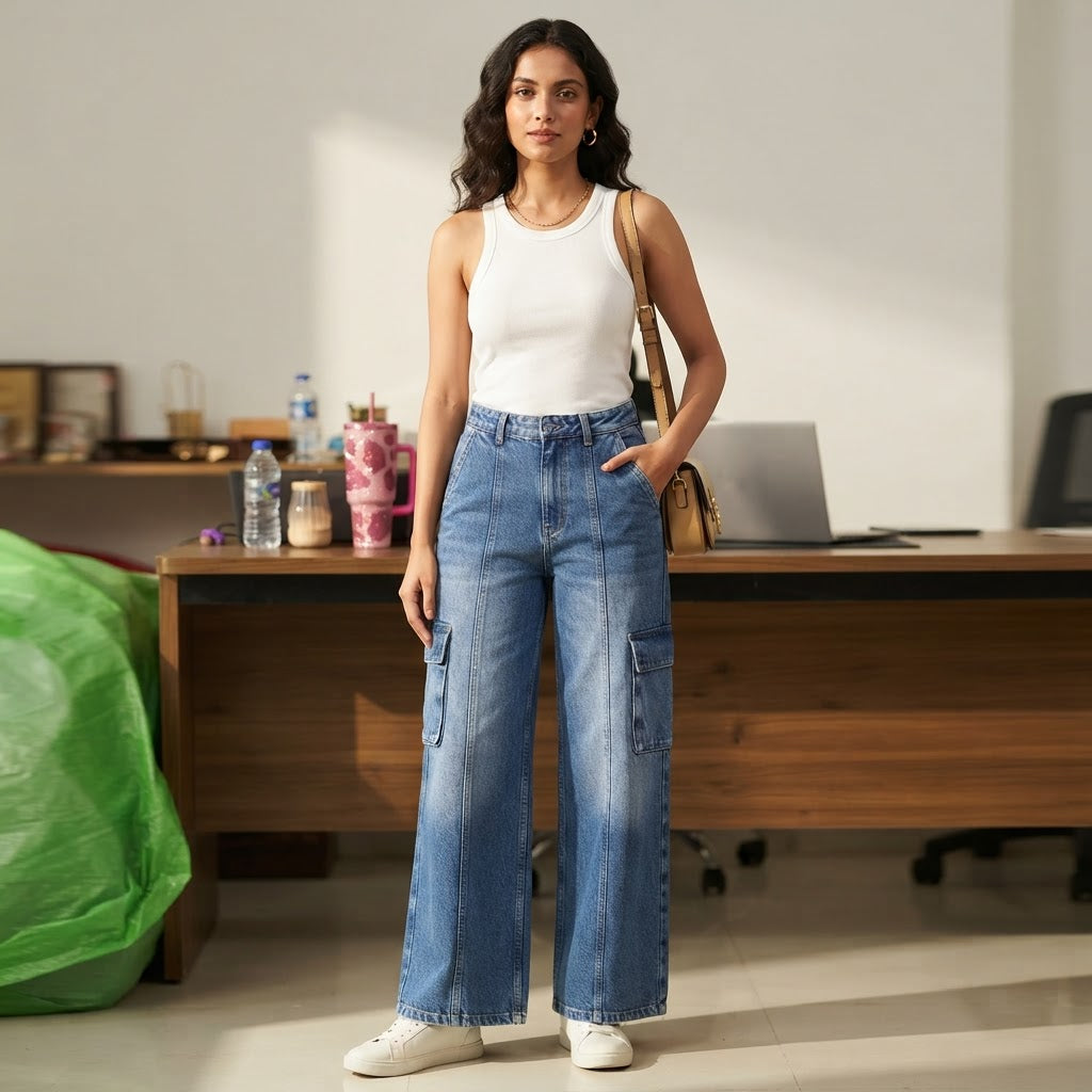 Splash Splash Medium Blue Wide-Leg Cargo Jeans with Front Se