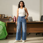 Splash Splash Medium Blue Wide-Leg Cargo Jeans with Front Se