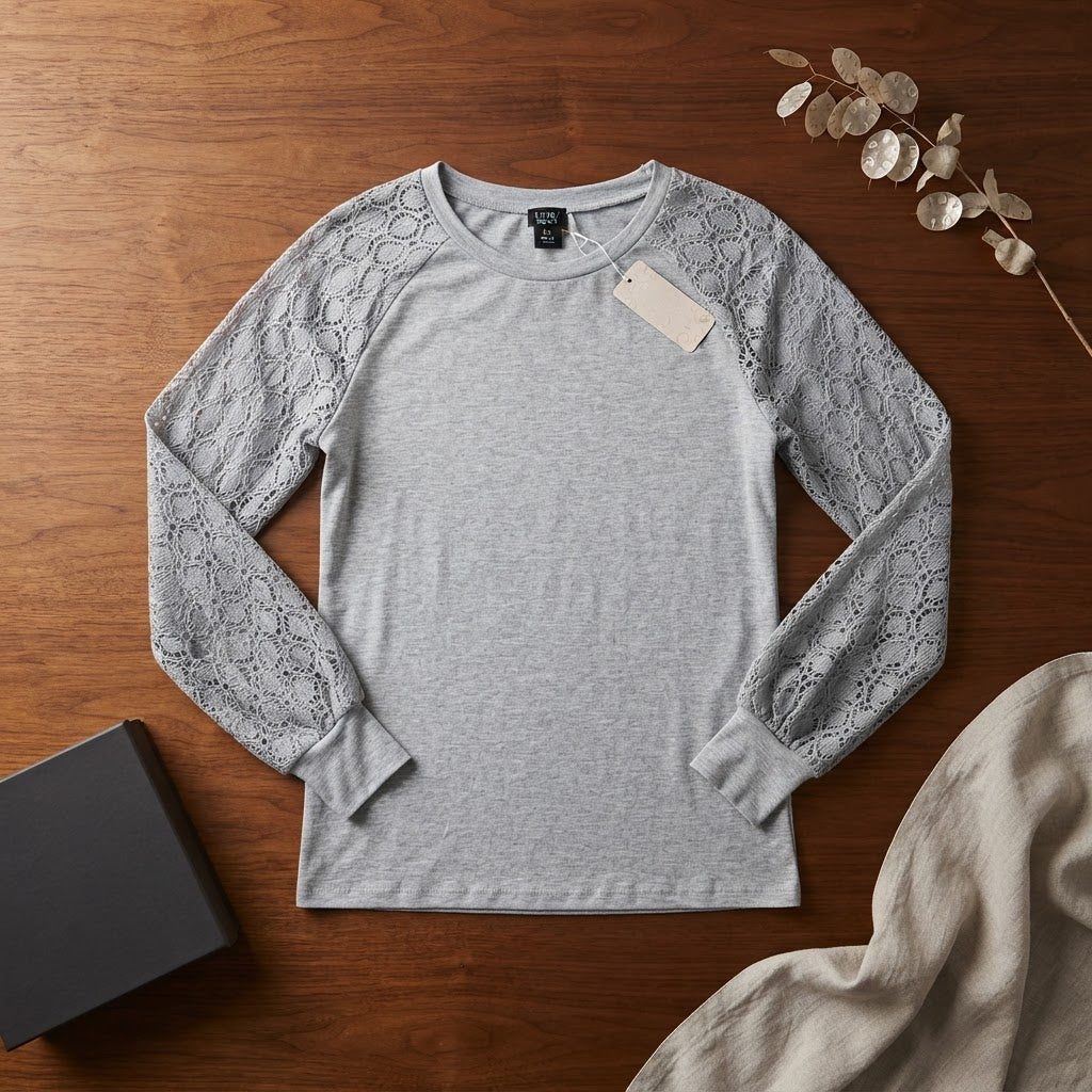 EMERY ROSE Light Heather Grey Top with Crochet Lace Sleeves