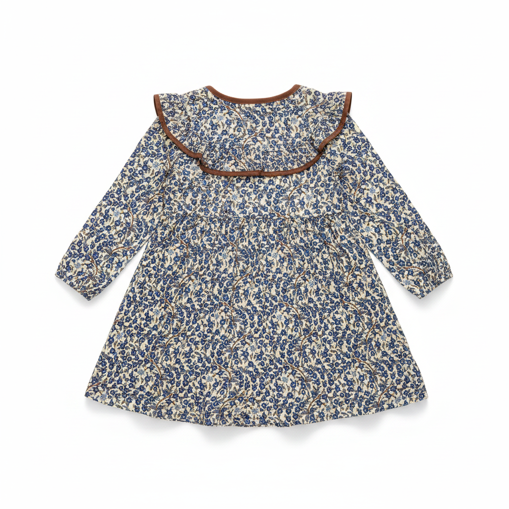 Kids Cream & Blue Floral Long Sleeve A-Line Dress