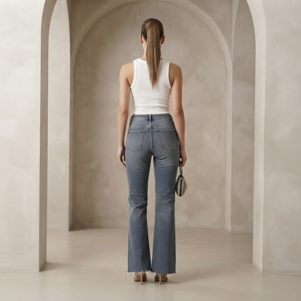 Bershka Bershka Mid-Washed Blue Long Flare Jeans with Raw He